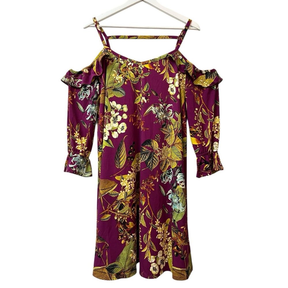 Du Jour Cold Shoulder Dress Floral Purple Raspberry Ruffle 3/4 Sleeve Size Large - Picture 16 of 16